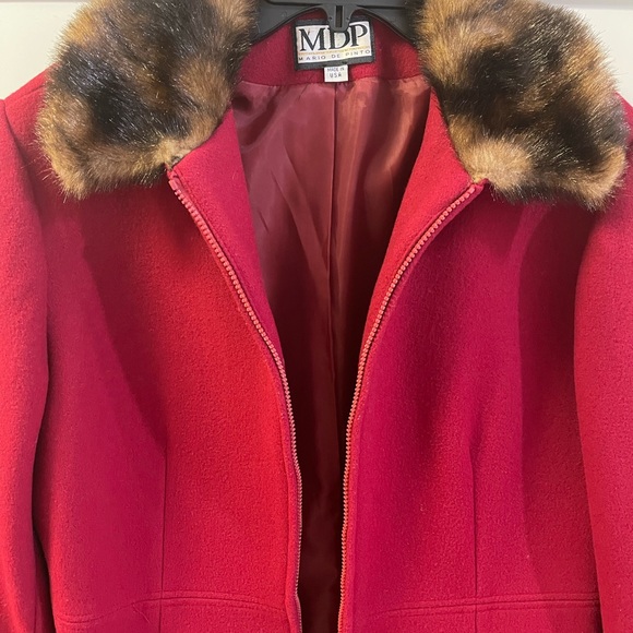 Vintage MDP - Red Wool Coat Faux Fur Zip Collared Lined Waist Length - Sz Large - Picture 5 of 13